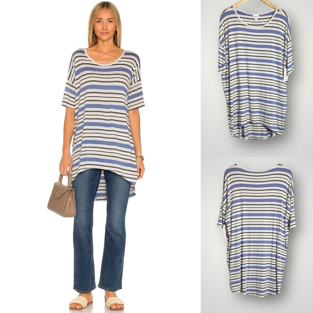 LuLaRoe Irma Striped Top Tunic Medium Stretch Short Sleeve Fits Sizes 12-14